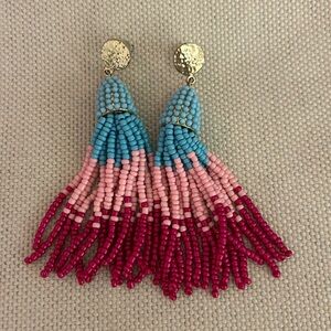 Fuchsia, Light Pink and Turquise Beaded Tassel Drop Earrings Gold Colored Post